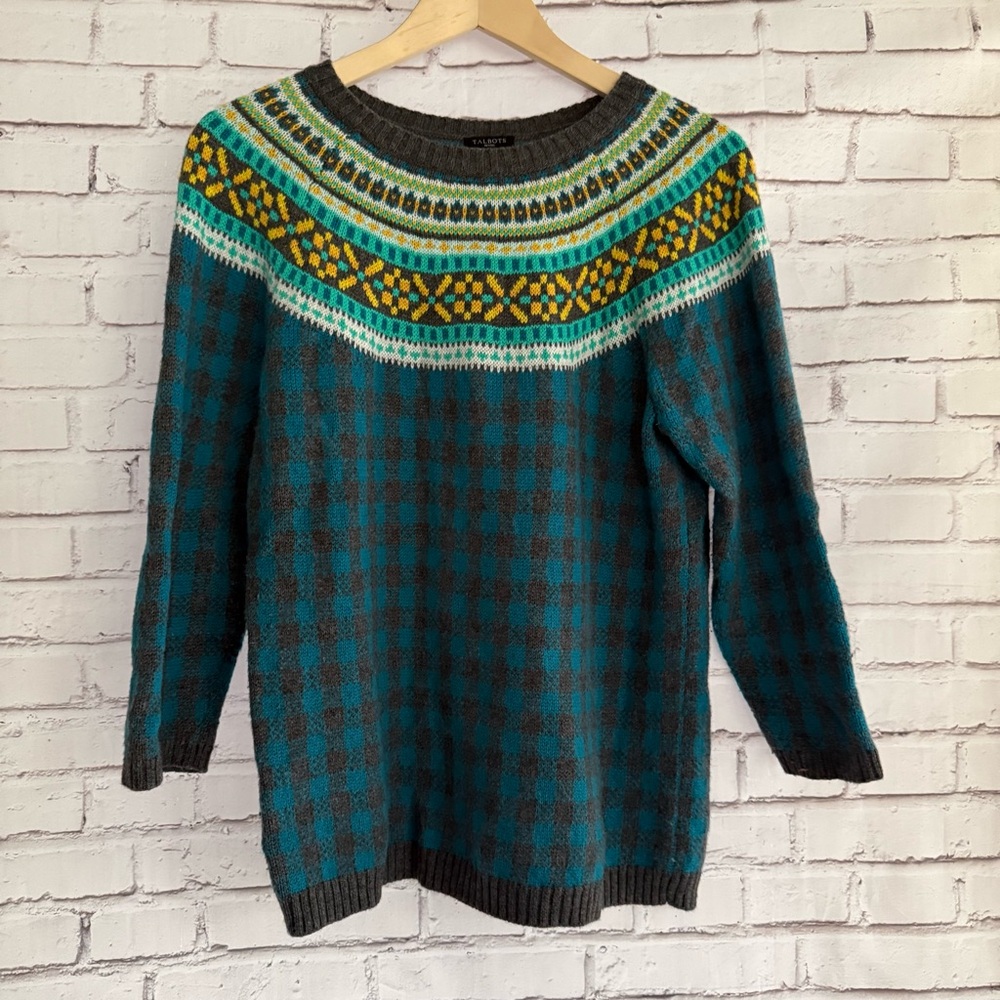 Cozy Teal and Yellow‎ Fair Isle Patterned Sweater